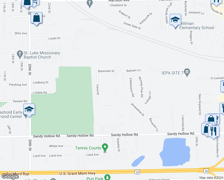 map of restaurants, bars, coffee shops, grocery stores, and more near 3029 Jacqueline Drive in Rockford