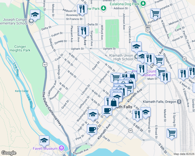 map of restaurants, bars, coffee shops, grocery stores, and more near 506 North 8th Street in Klamath Falls