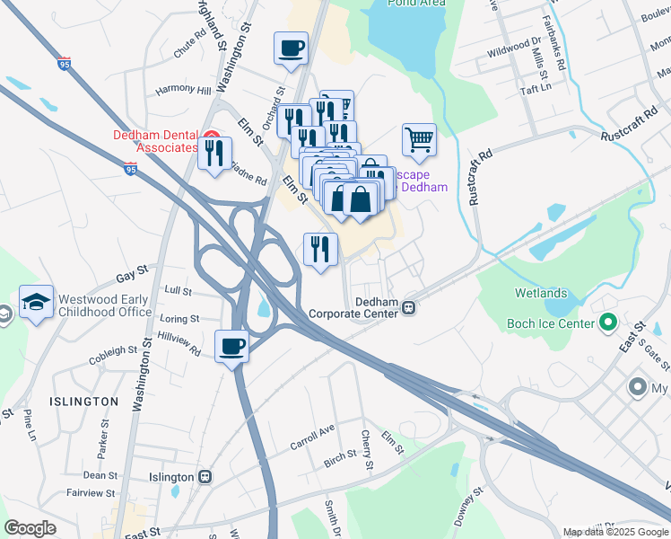 map of restaurants, bars, coffee shops, grocery stores, and more near 233 Elm Street in Dedham