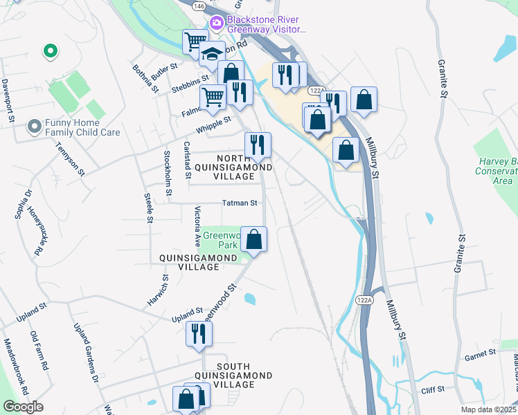 map of restaurants, bars, coffee shops, grocery stores, and more near 117 Greenwood Street in Worcester