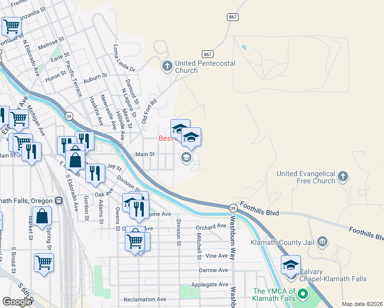 map of restaurants, bars, coffee shops, grocery stores, and more near 2554 Main Street in Klamath Falls