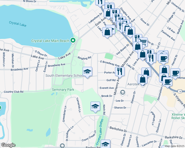 map of restaurants, bars, coffee shops, grocery stores, and more near 455 Spruce Lane in Crystal Lake