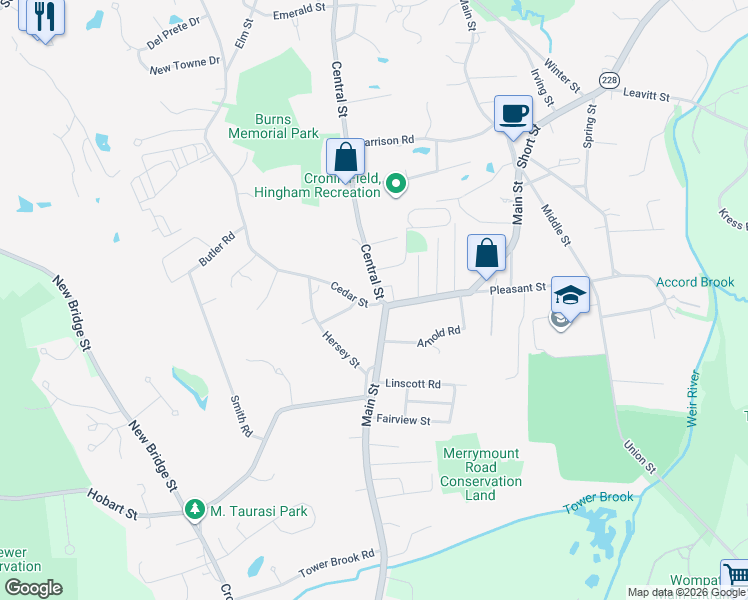 map of restaurants, bars, coffee shops, grocery stores, and more near 424 Main Street in Hingham