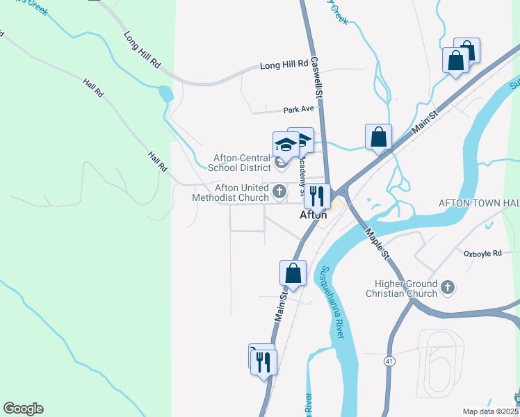 map of restaurants, bars, coffee shops, grocery stores, and more near 25 Pleasant Avenue in Afton