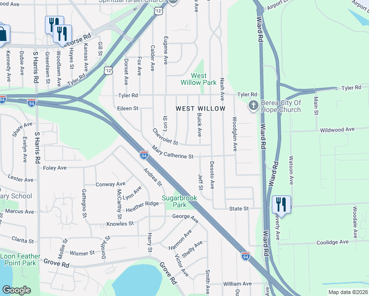 map of restaurants, bars, coffee shops, grocery stores, and more near 2089 Mary Catherine Street in Ypsilanti