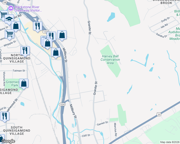map of restaurants, bars, coffee shops, grocery stores, and more near 344 Granite Street in Worcester