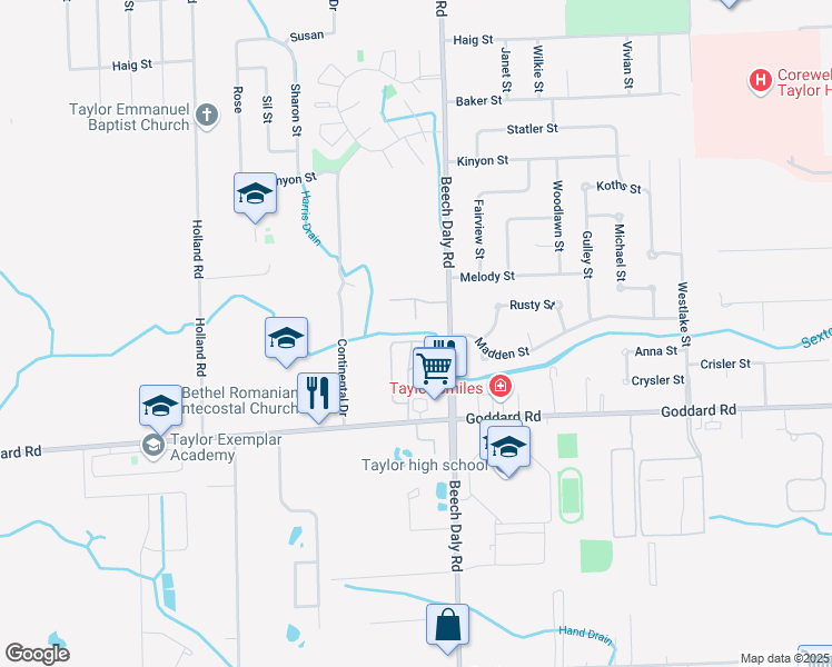 map of restaurants, bars, coffee shops, grocery stores, and more near 10700 Mount Vernon Street in Taylor