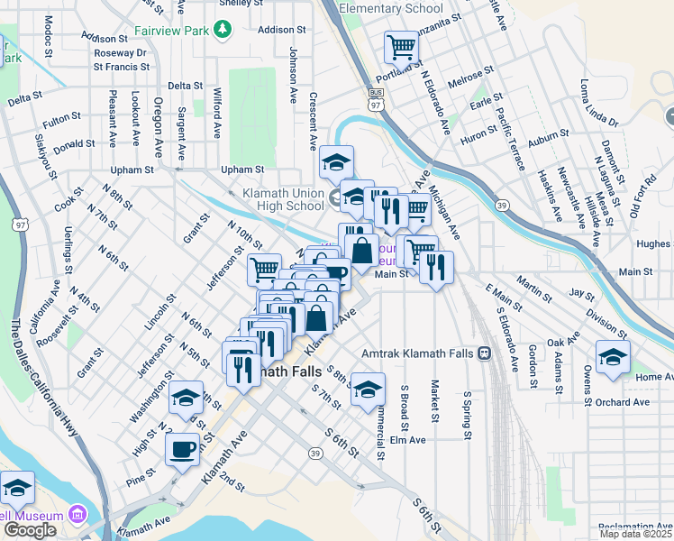 map of restaurants, bars, coffee shops, grocery stores, and more near 1120 Pine Street in Klamath Falls