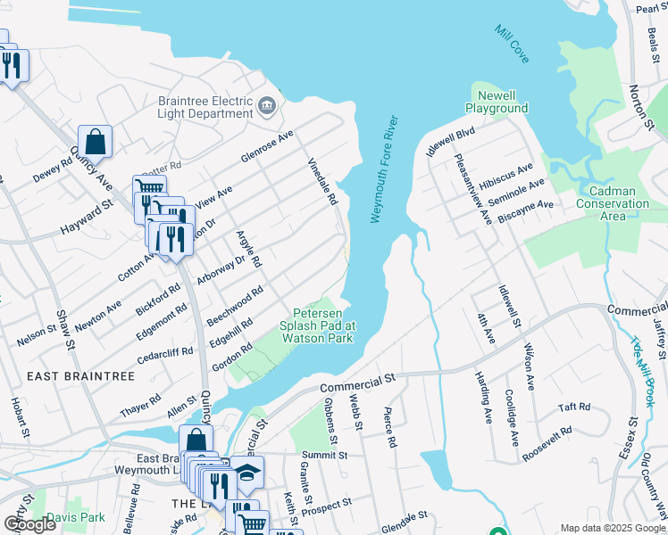 map of restaurants, bars, coffee shops, grocery stores, and more near 141 Edgehill Road in Braintree