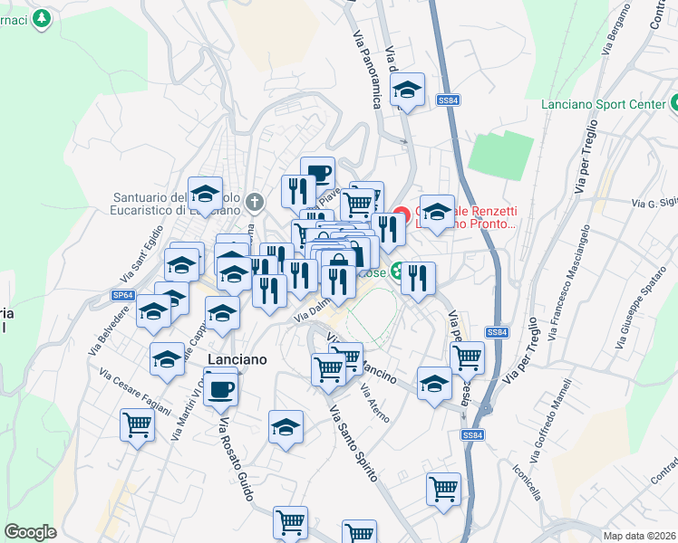map of restaurants, bars, coffee shops, grocery stores, and more near 13 Via Dalmazia in Lanciano