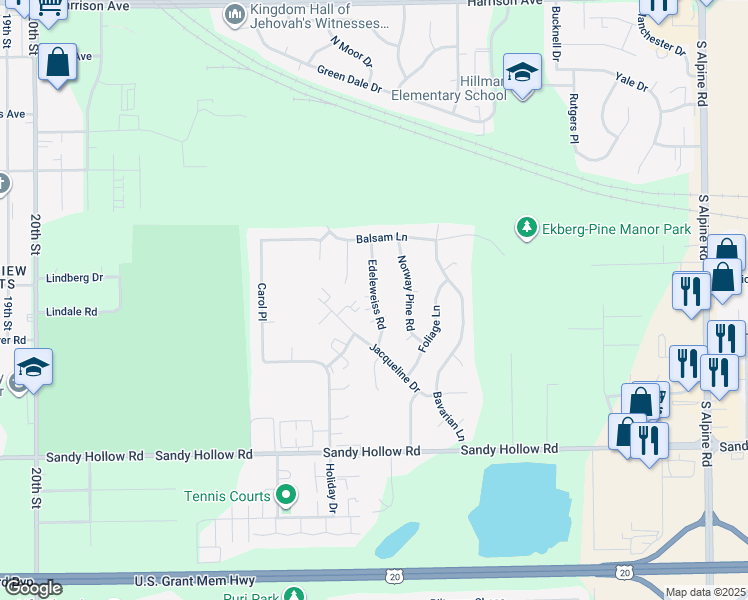 map of restaurants, bars, coffee shops, grocery stores, and more near 2929 Edelweiss Road in Rockford