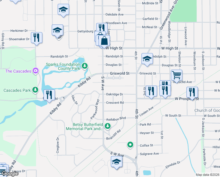 map of restaurants, bars, coffee shops, grocery stores, and more near 781 Bloomfield Boulevard in Jackson