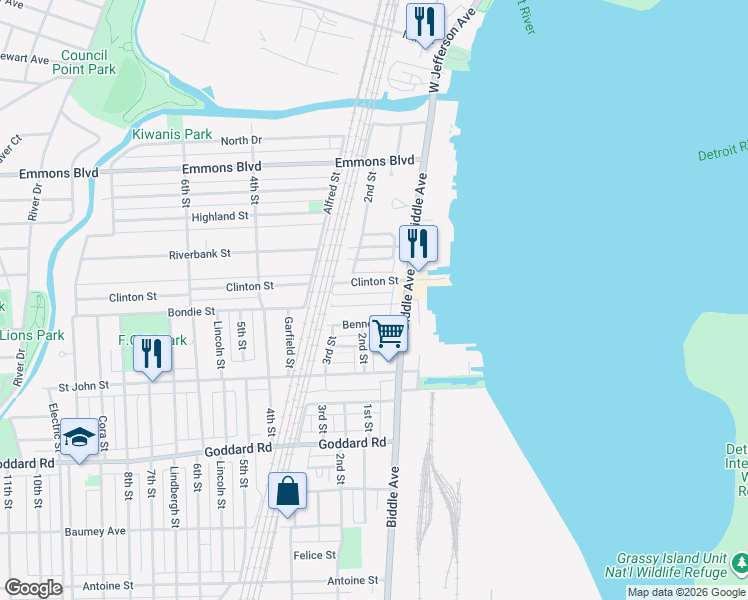 map of restaurants, bars, coffee shops, grocery stores, and more near 138 Bennett Street in Wyandotte