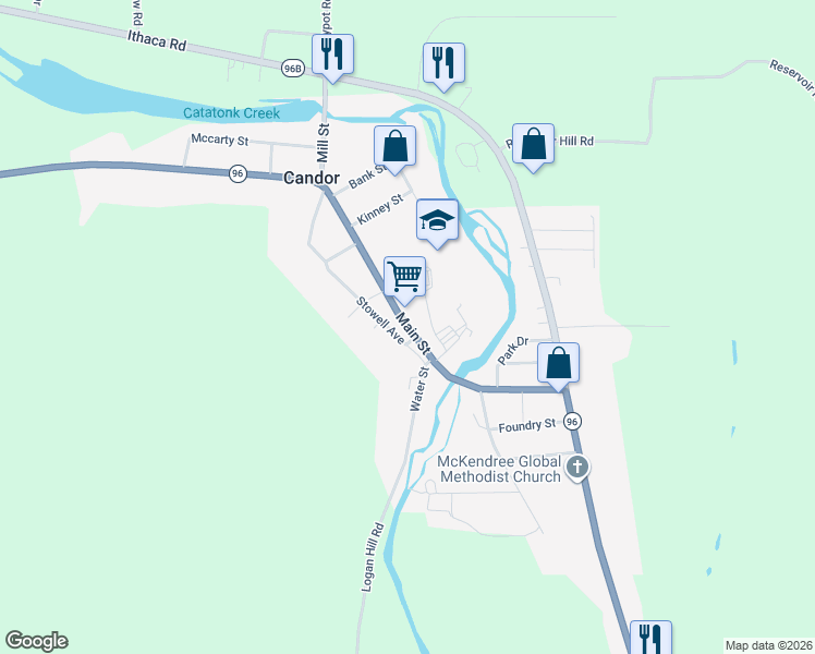 map of restaurants, bars, coffee shops, grocery stores, and more near 78 Main Street in Candor