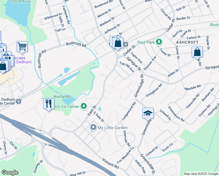 map of restaurants, bars, coffee shops, grocery stores, and more near 1010 East Street in Dedham