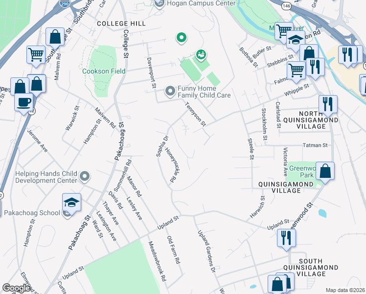 map of restaurants, bars, coffee shops, grocery stores, and more near 40 Honeysuckle Road in Worcester