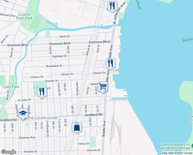 map of restaurants, bars, coffee shops, grocery stores, and more near 138 Bennett Street in Wyandotte