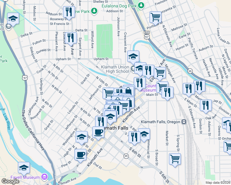 map of restaurants, bars, coffee shops, grocery stores, and more near 309 North 10th Street in Klamath Falls