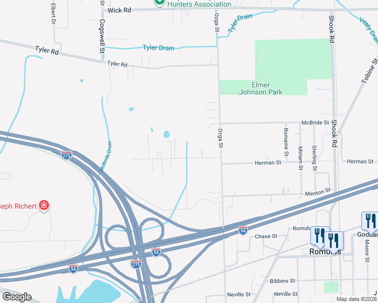 map of restaurants, bars, coffee shops, grocery stores, and more near 37555 Herman Street in Romulus