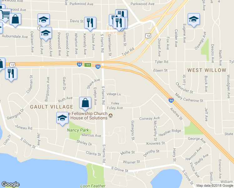 map of restaurants, bars, coffee shops, grocery stores, and more near 1423 Village Lane in Ypsilanti