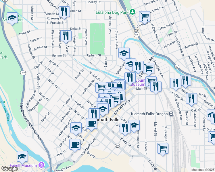 map of restaurants, bars, coffee shops, grocery stores, and more near 301 North 10th Street in Klamath Falls