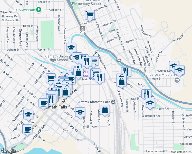map of restaurants, bars, coffee shops, grocery stores, and more near 1451 Main Street in Klamath Falls