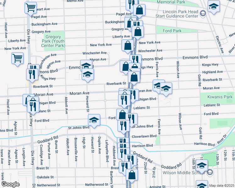 map of restaurants, bars, coffee shops, grocery stores, and more near 1380 Michigan Boulevard in Lincoln Park