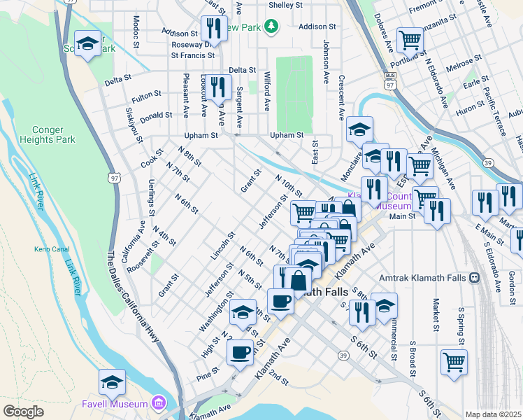 map of restaurants, bars, coffee shops, grocery stores, and more near 521 North 8th Street in Klamath Falls