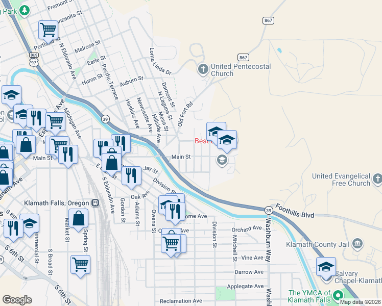 map of restaurants, bars, coffee shops, grocery stores, and more near 111 Sheldon Street in Klamath Falls
