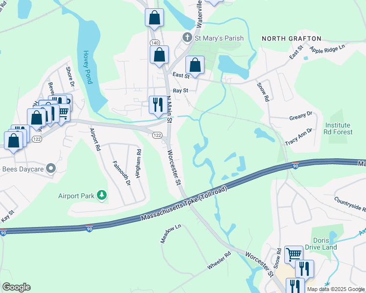 map of restaurants, bars, coffee shops, grocery stores, and more near 148 Worcester Street in Grafton