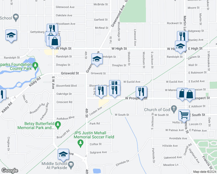 map of restaurants, bars, coffee shops, grocery stores, and more near 412 West Prospect Street in Jackson