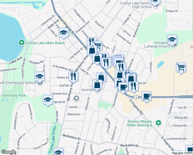 map of restaurants, bars, coffee shops, grocery stores, and more near 325 Lake Street in Crystal Lake