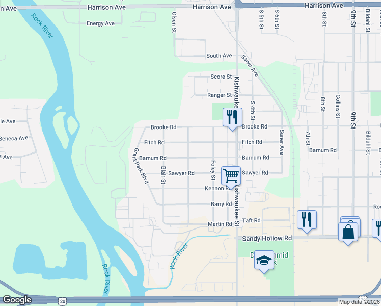 map of restaurants, bars, coffee shops, grocery stores, and more near 421 Barnum Road in Rockford