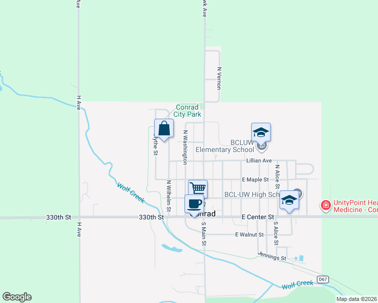 map of restaurants, bars, coffee shops, grocery stores, and more near 101-199 W Lillian Ave in Conrad