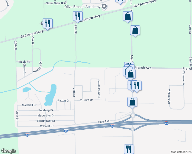 map of restaurants, bars, coffee shops, grocery stores, and more near 52465 North Point Drive in Mattawan