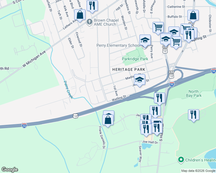 map of restaurants, bars, coffee shops, grocery stores, and more near 1043 Madison Street in Ypsilanti