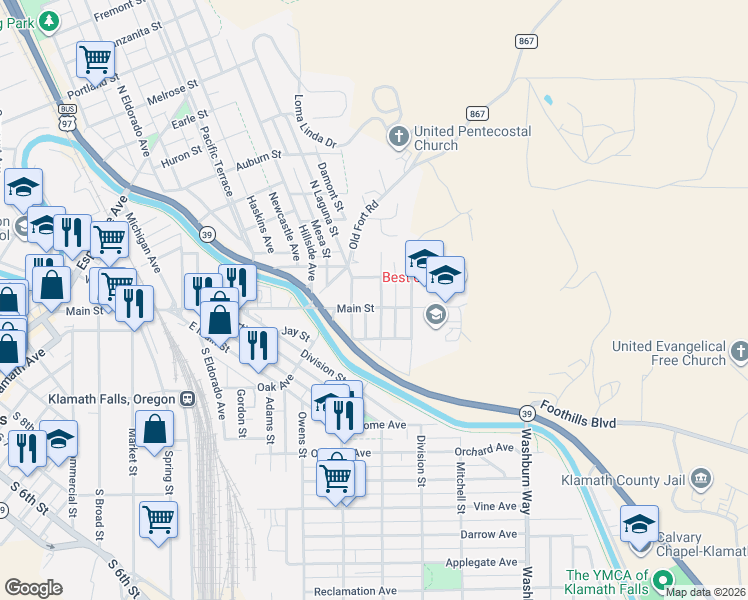 map of restaurants, bars, coffee shops, grocery stores, and more near 111 Sheldon Street in Klamath Falls
