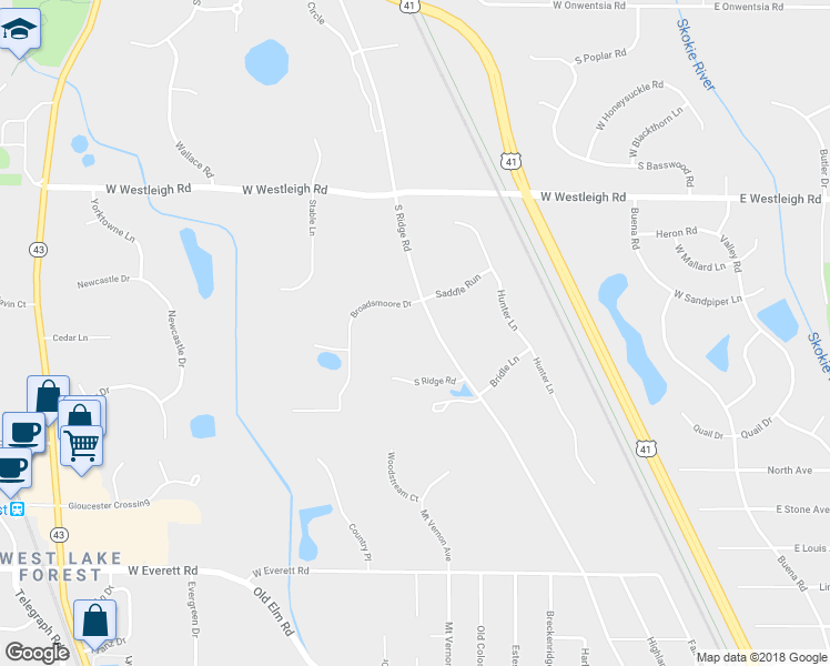 map of restaurants, bars, coffee shops, grocery stores, and more near 690 South Ridge Road in Lake Forest