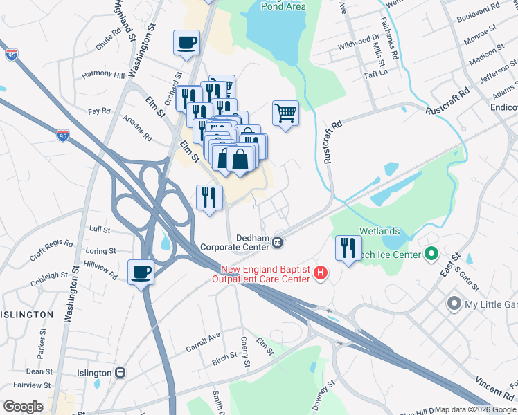 map of restaurants, bars, coffee shops, grocery stores, and more near 231 Presidents Way in Dedham