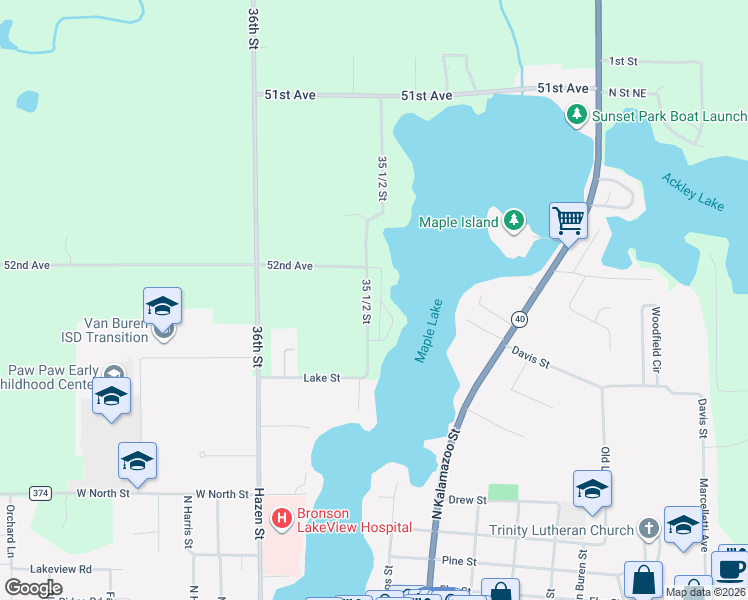 map of restaurants, bars, coffee shops, grocery stores, and more near 52493 35 1/2 Street in Paw Paw