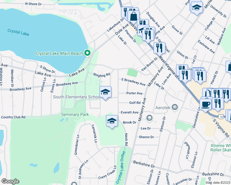 map of restaurants, bars, coffee shops, grocery stores, and more near 455 Spruce Lane in Crystal Lake
