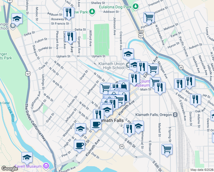 map of restaurants, bars, coffee shops, grocery stores, and more near 301 North 9th Street in Klamath Falls