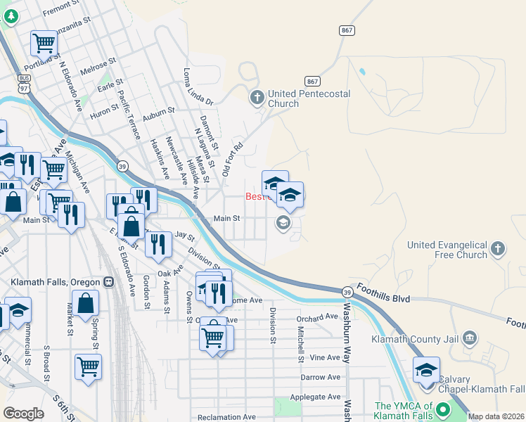 map of restaurants, bars, coffee shops, grocery stores, and more near 114 South Williams Avenue in Klamath Falls