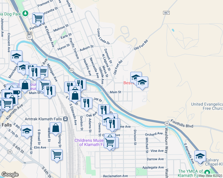 map of restaurants, bars, coffee shops, grocery stores, and more near 2100 Main Street in Klamath Falls