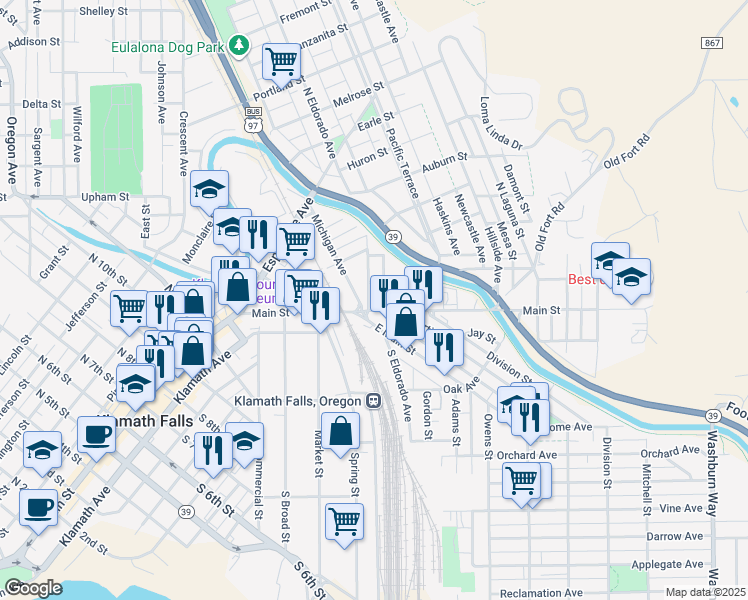 map of restaurants, bars, coffee shops, grocery stores, and more near 1726 Main Street in Klamath Falls