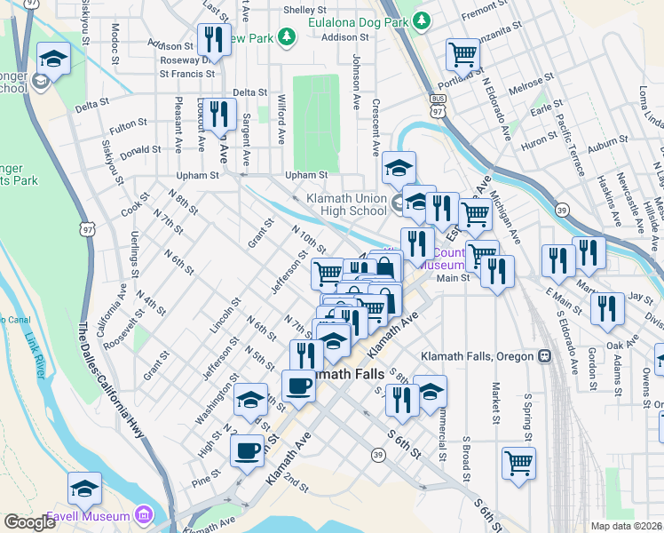 map of restaurants, bars, coffee shops, grocery stores, and more near 301 North 9th Street in Klamath Falls