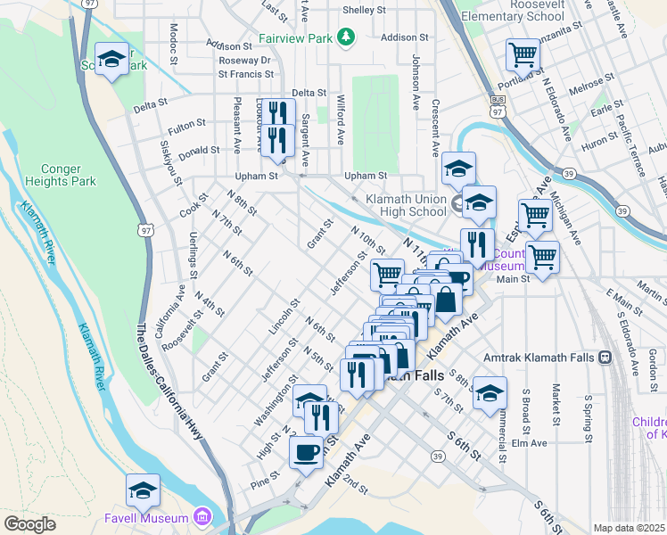 map of restaurants, bars, coffee shops, grocery stores, and more near 506 North 8th Street in Klamath Falls