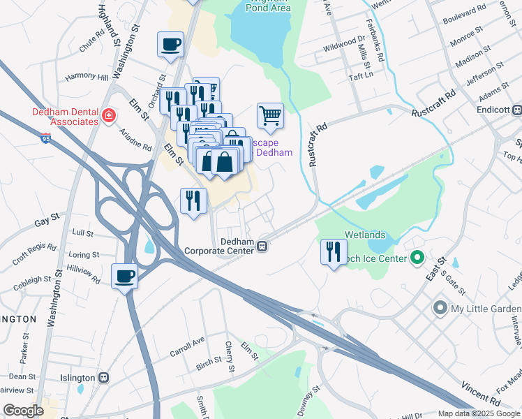 map of restaurants, bars, coffee shops, grocery stores, and more near 9206 Station Circle in Dedham