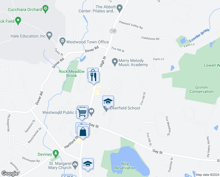 map of restaurants, bars, coffee shops, grocery stores, and more near 40 Westwood Glen Road in Westwood