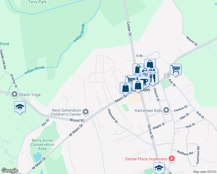 map of restaurants, bars, coffee shops, grocery stores, and more near 6 Mayhew Street in Hopkinton